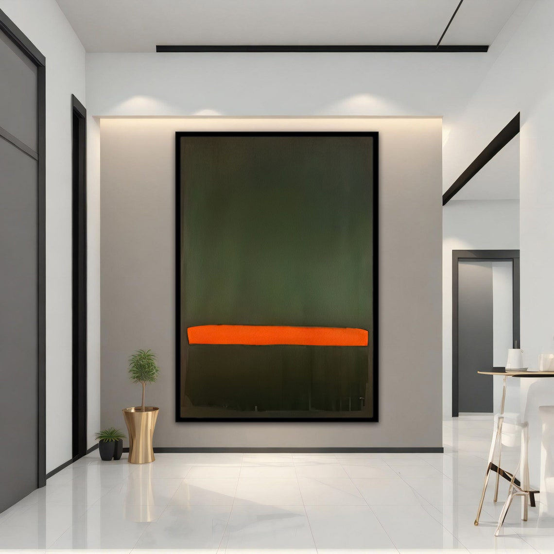 Dark Green Abstract Color Field Orange Stripe Modern Wall Art Poster - Image 5