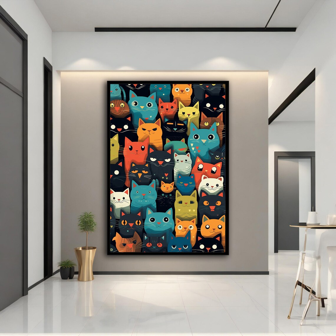 Colorful Cartoon Cat Faces Pattern Fun Whimsical Feline Wall Art Poster - Image 5