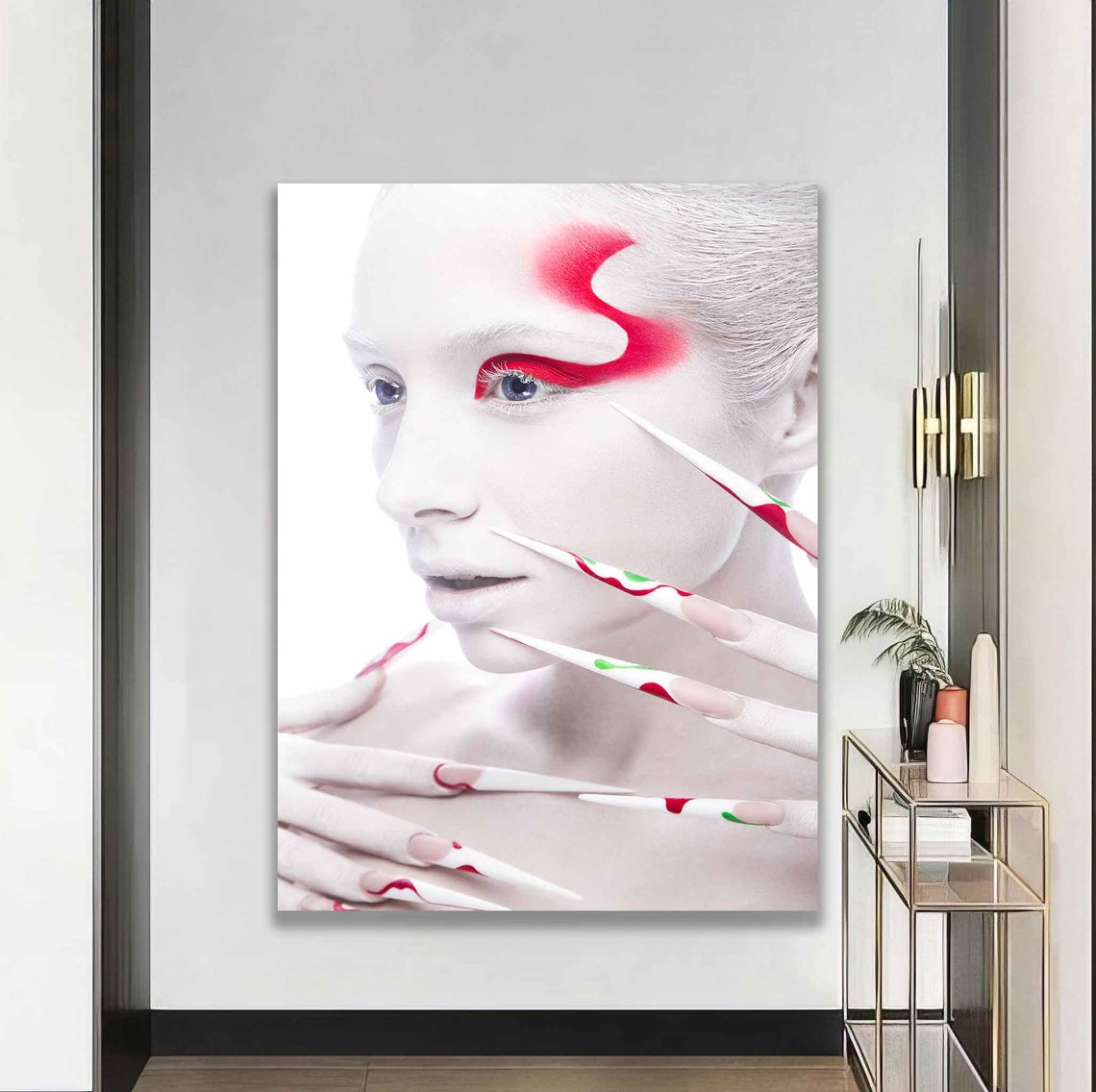 White Face Red Swirl Makeup Long Painted Nails Fashion Art Poster - Image 4
