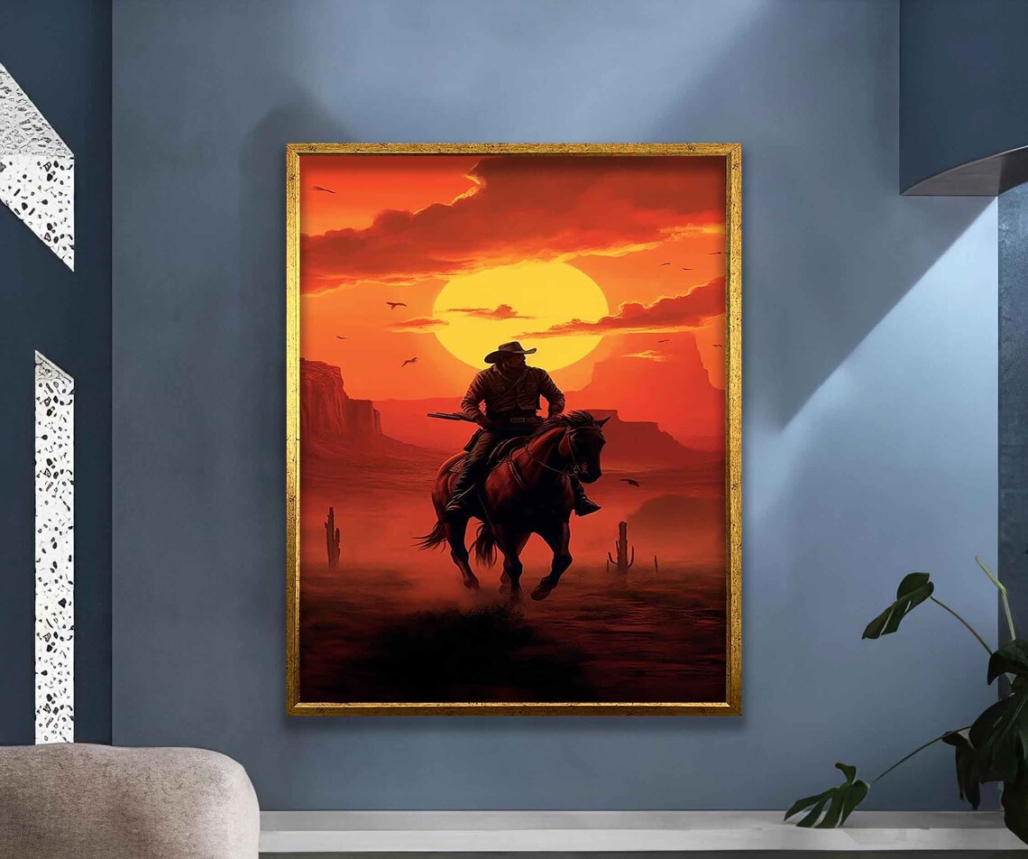 Cowboy Riding Horse Red Desert Sunset Western Epic Landscape Poster - Image 4