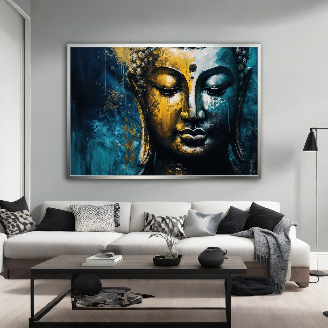 Golden Buddha Face Blue and Gold Meditation Zen Wall Art Poster - Image 2