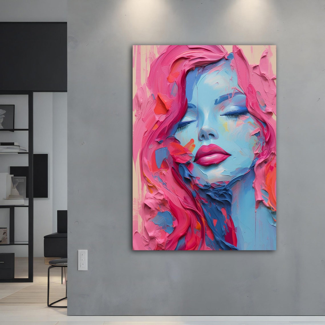 Pink Blue Impasto Woman Face Thick Paint Textured Modern Art Poster - Image 5