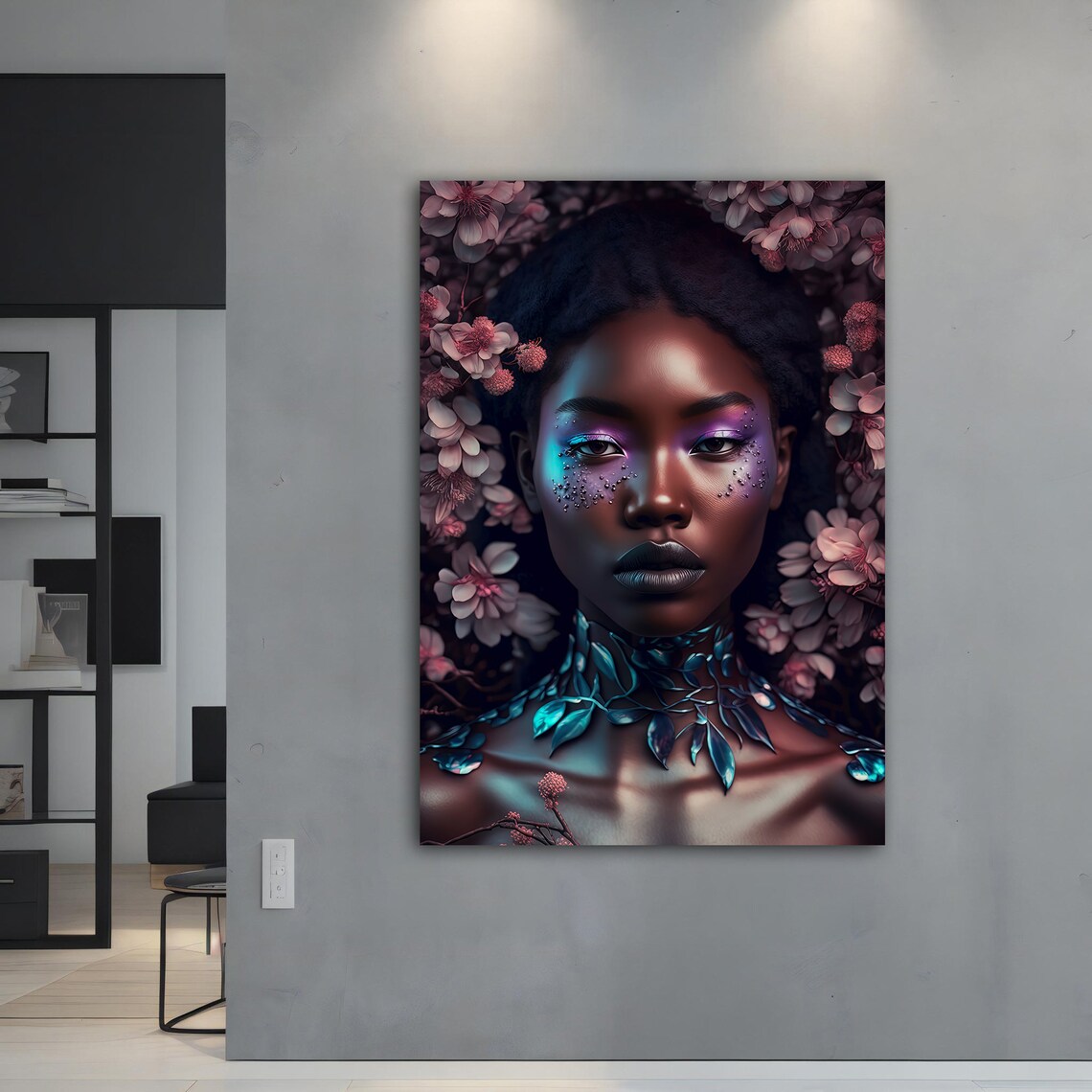 African Woman Portrait With Pink Flowers And Glitter Tears Poster - Image 4