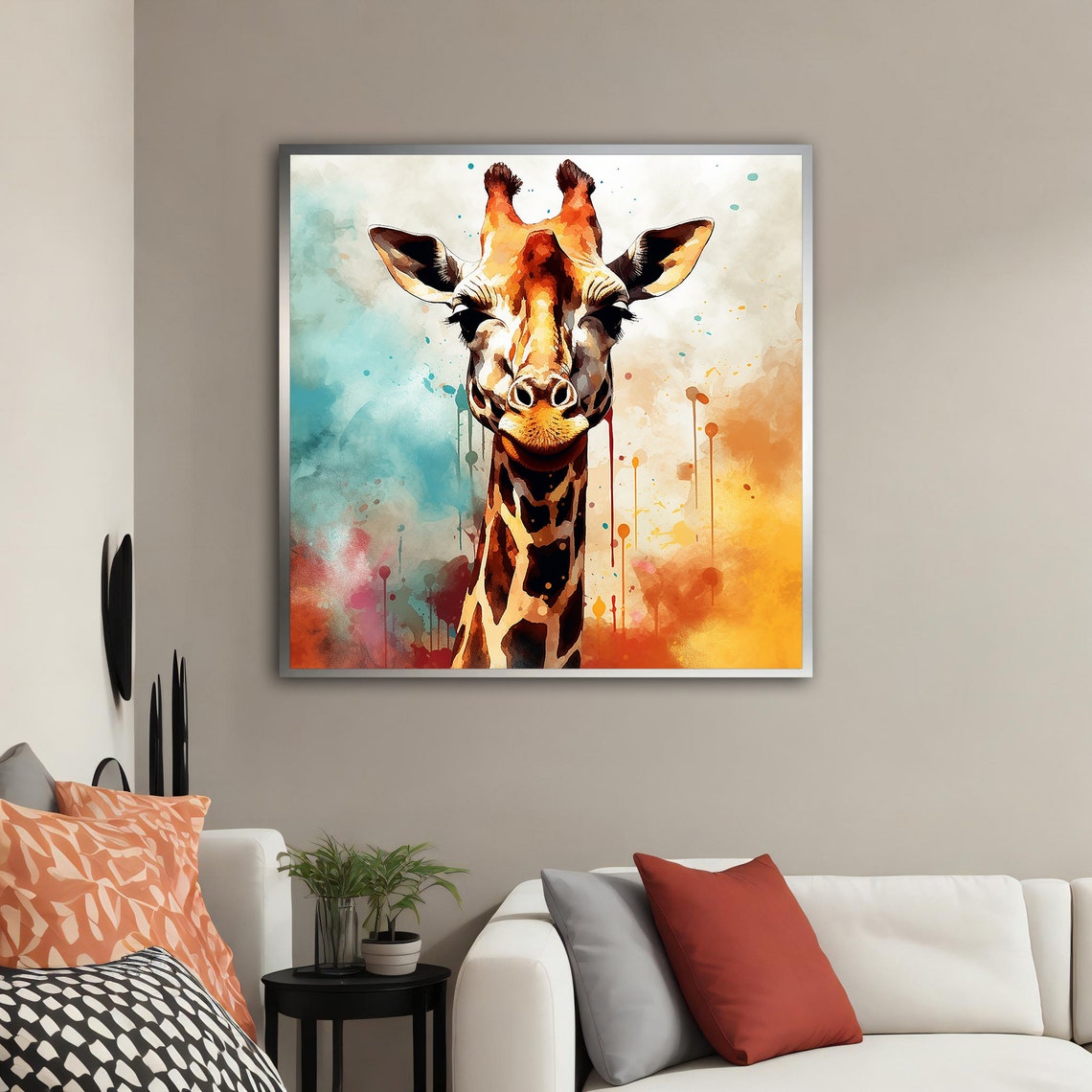 Giraffe Watercolor Portrait Colorful Paint Splash Animal Art Poster - Image 5