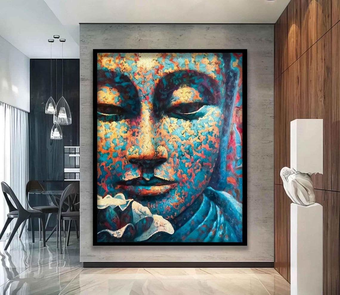Colorful Mosaic Buddha Face Serene Blue Meditation Wall Art Poster - Image 2