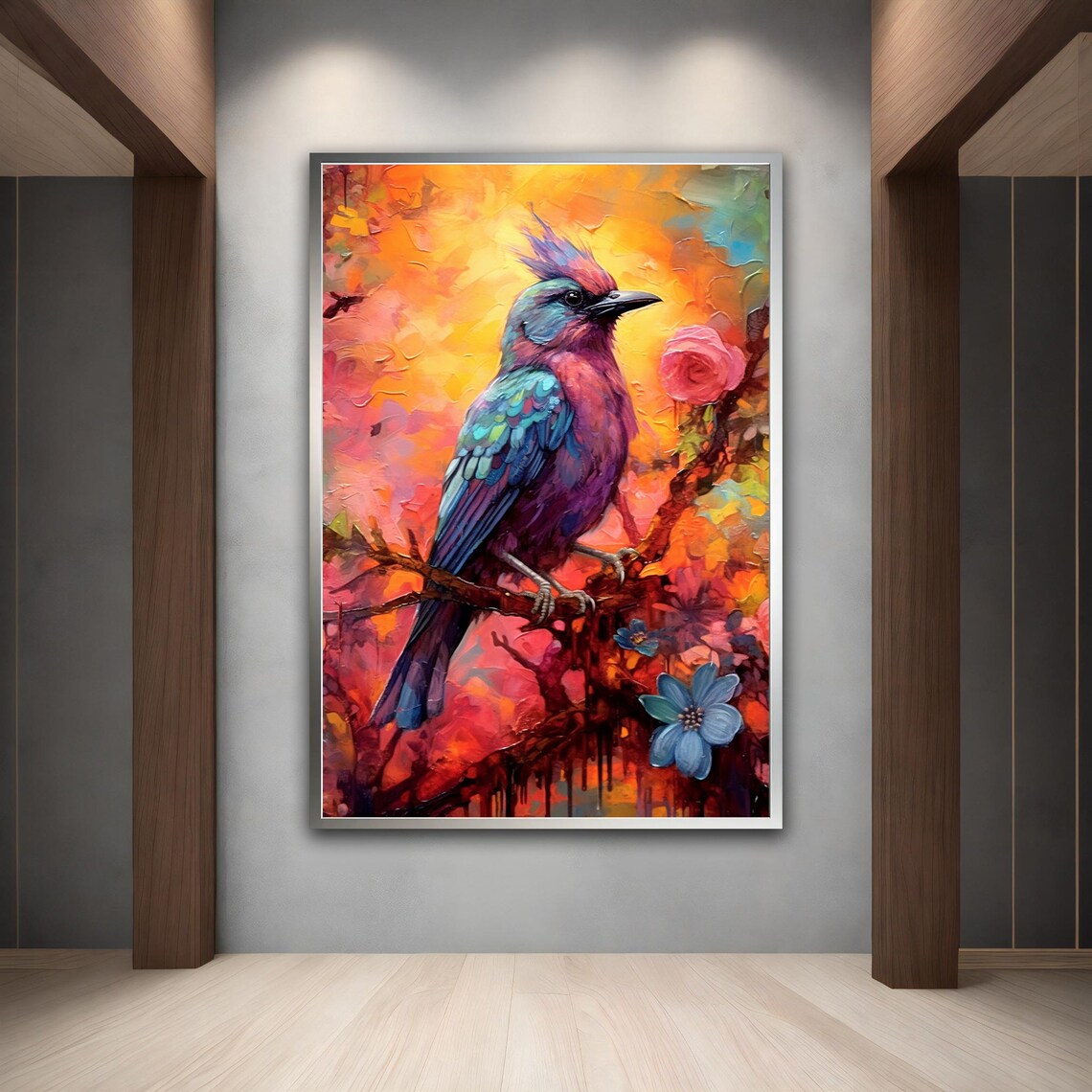 Colorful Crested Songbird on Branch Vibrant Oil Painting Bird Print - Image 5