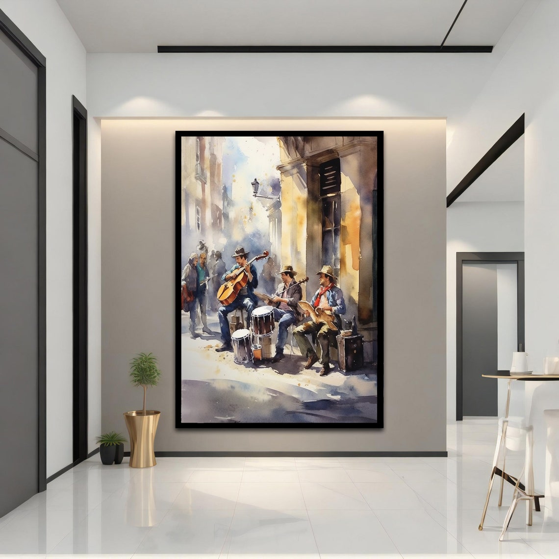 Street Musicians Sunlit Old Town Watercolor Music Painting Print - Image 5