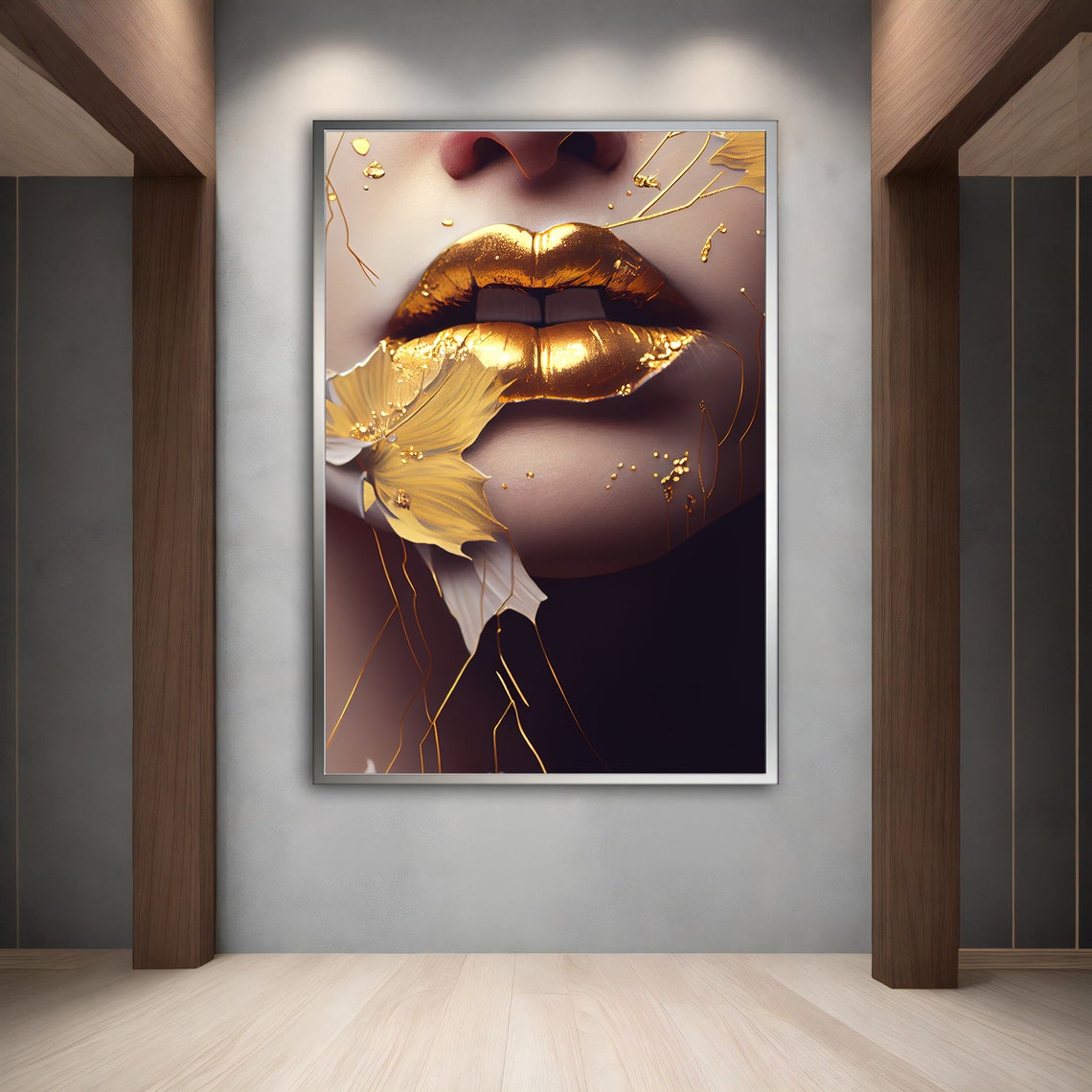 Golden Lips Pop Art Print Gold Leaf Woman Face Glamorous Wall Poster - Image 2