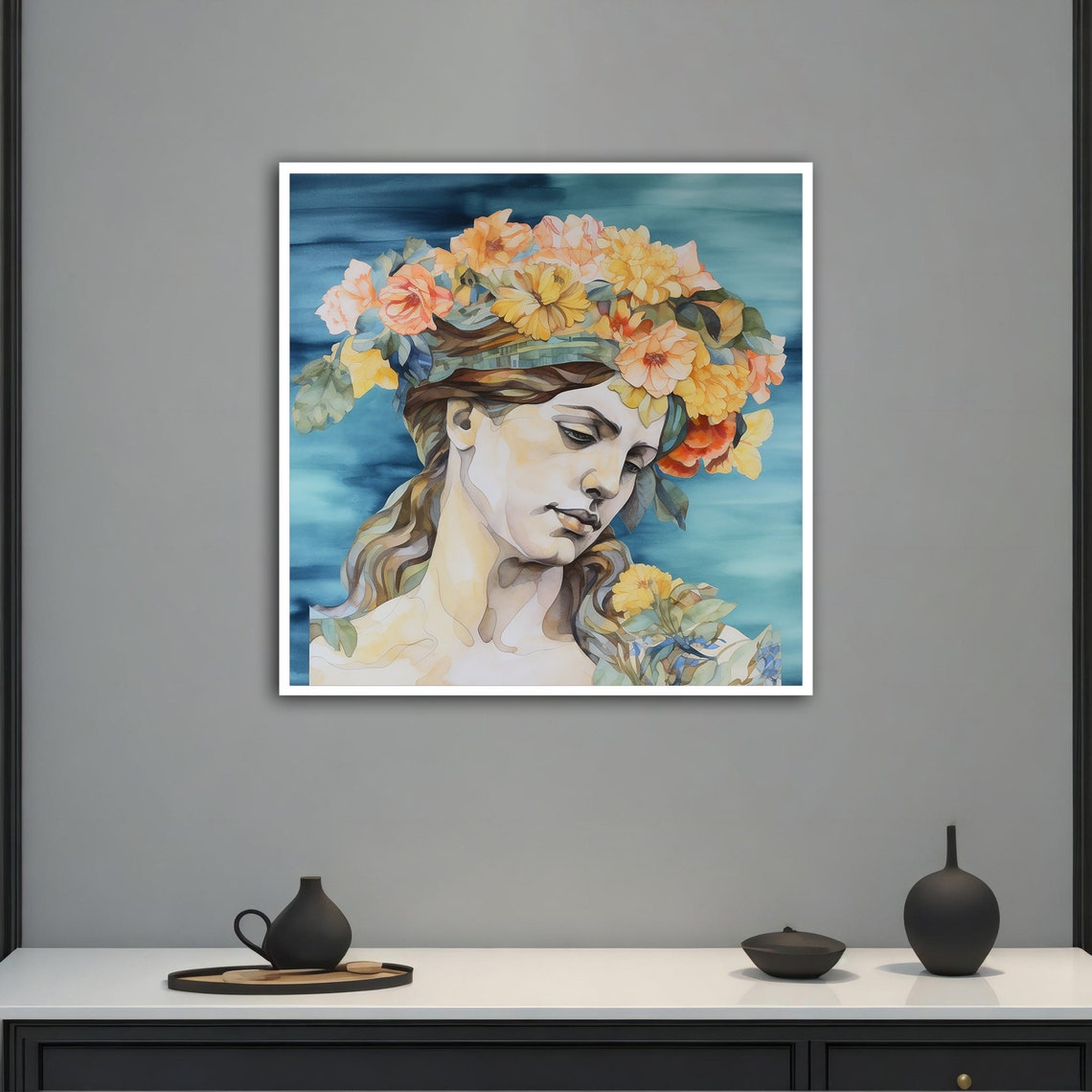 Woman With Colorful Flower Crown Watercolor Portrait Art Poster - Image 2