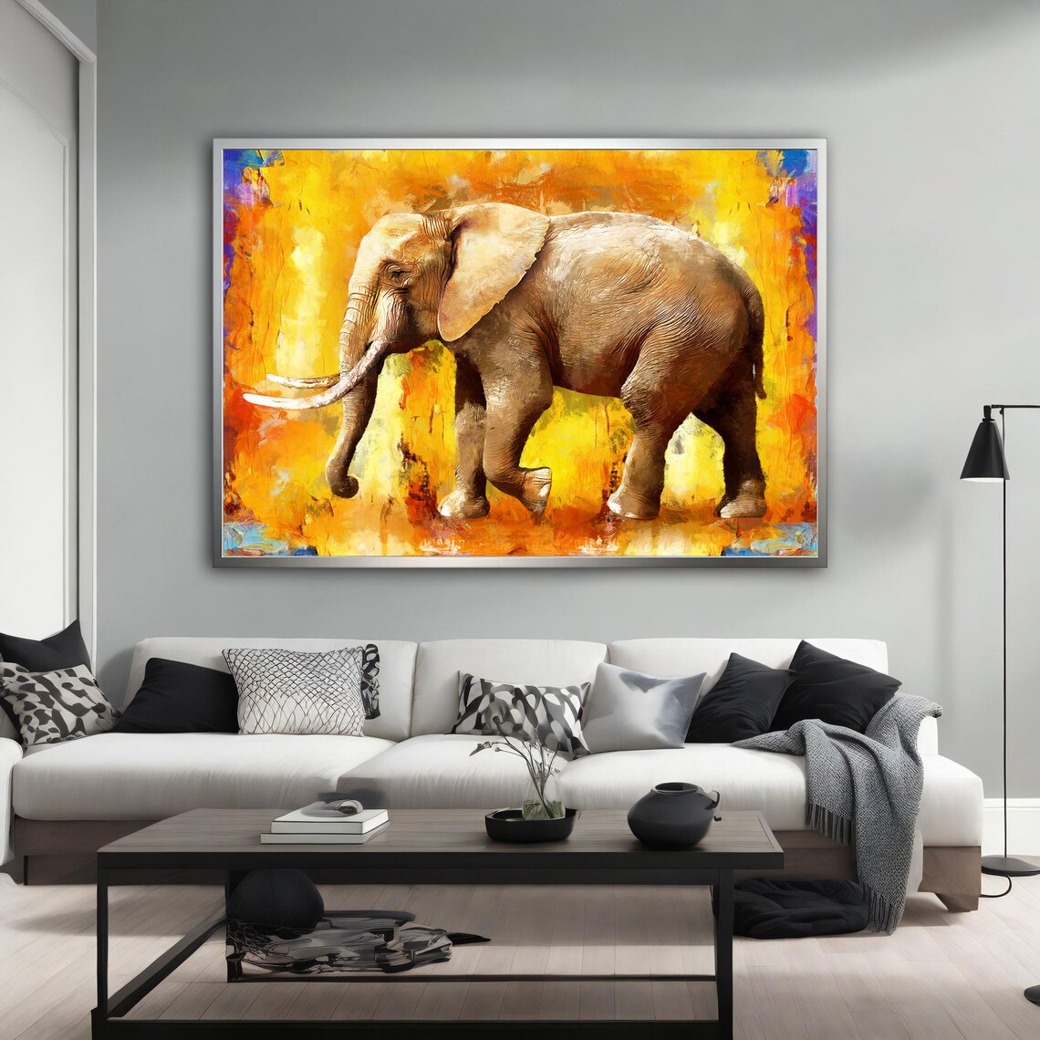 African Elephant Walking Painting Fiery Orange Background Wildlife Poster - Image 2