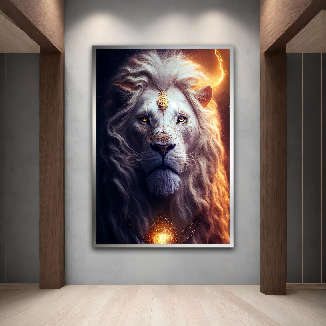 Majestic White Lion Fantasy Portrait Golden Eyes Fiery Glow Poster - Image 5