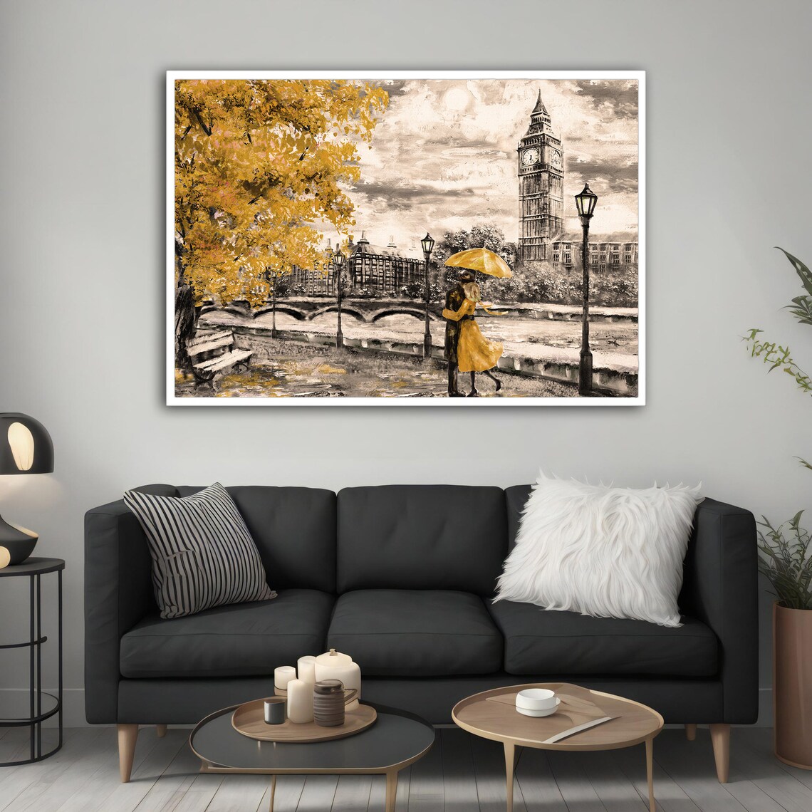 London Big Ben Golden Rainy Day Couple Umbrella City Art Poster - Image 5