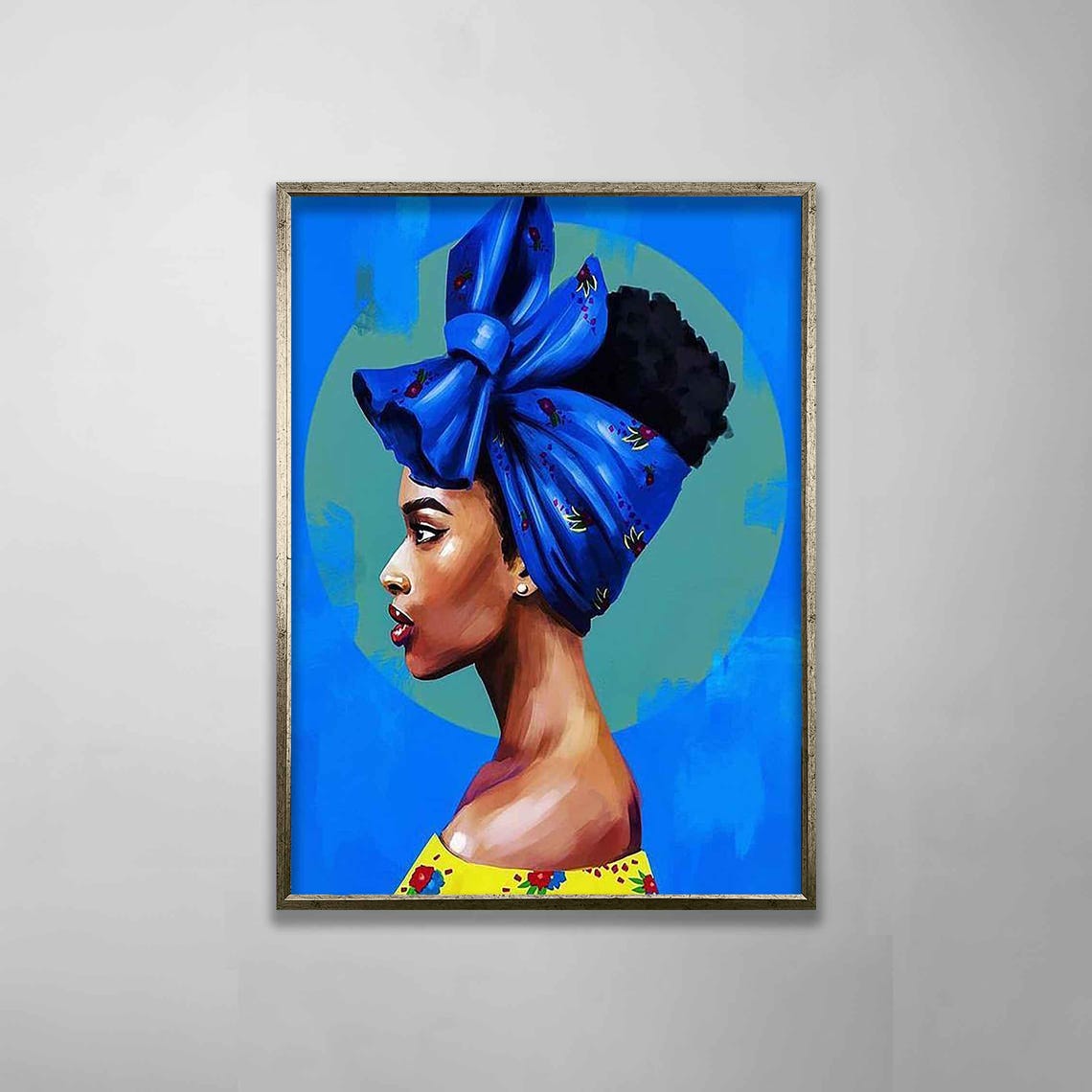 African Woman Blue Headwrap Bow Vibrant Pop Portrait Yellow Art Poster - Image 4