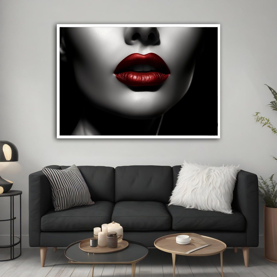 Red Lips Close Up Grayscale Portrait Glamorous Fashion Wall Art Poster - Image 2
