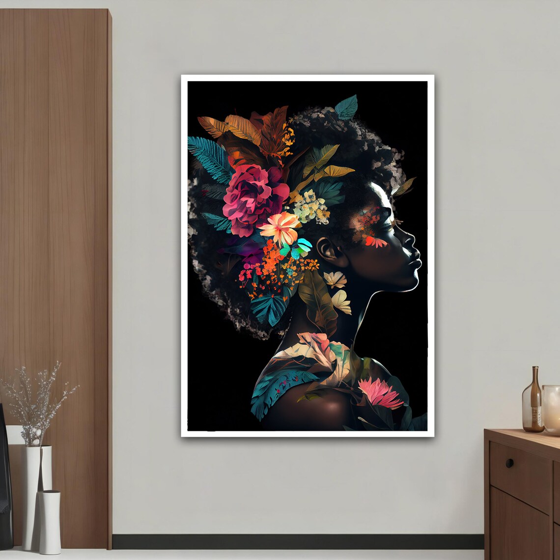African Woman Silhouette Profile With Vibrant Flowers Art Poster - Image 4