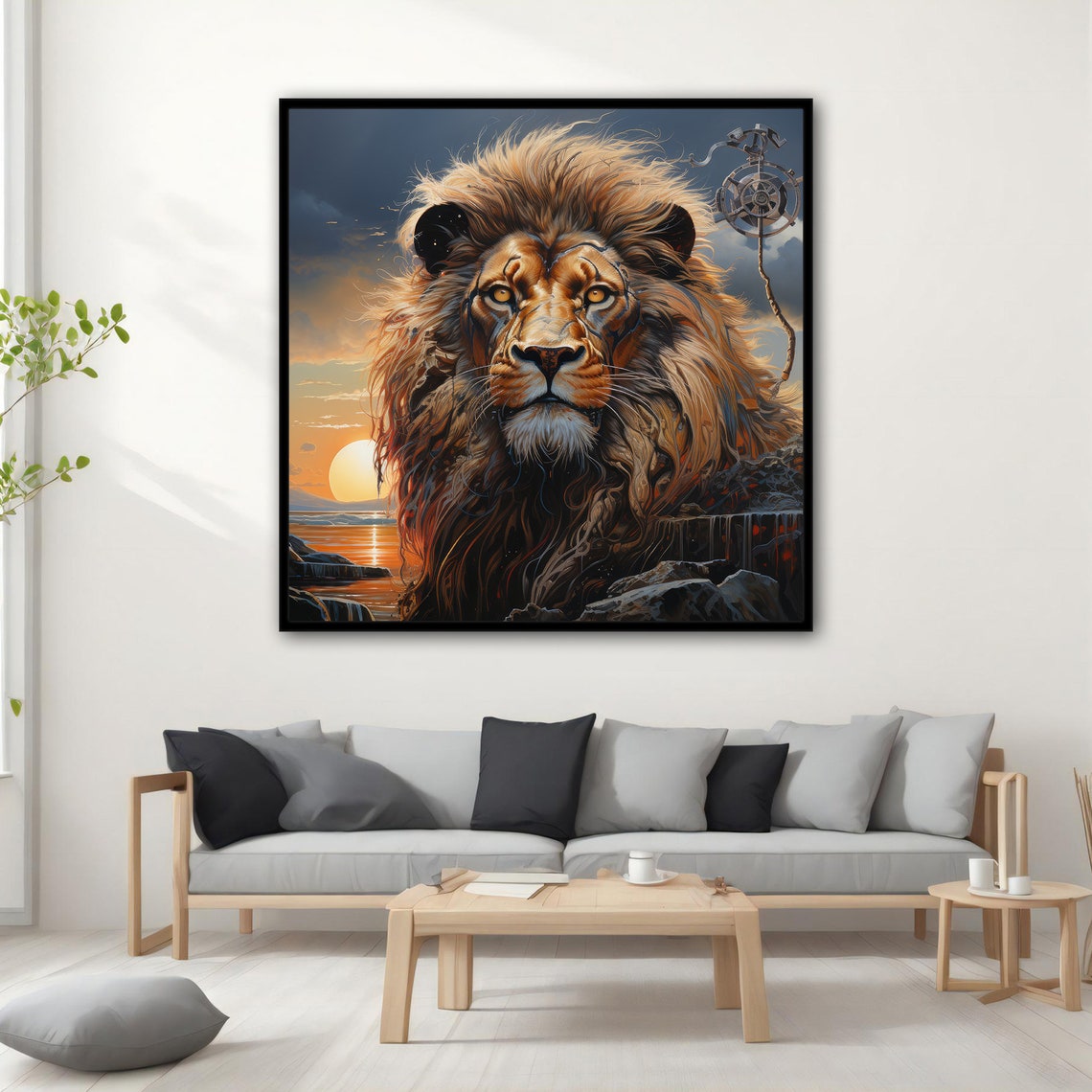 Majestic Lion Sunset Ocean Steampunk Gear Regal Animal Art Poster - Image 4