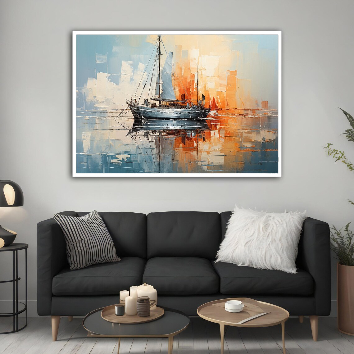 Sailboat Sunset Harbor Abstract Oil Painting Nautical Wall Art Poster - Image 3