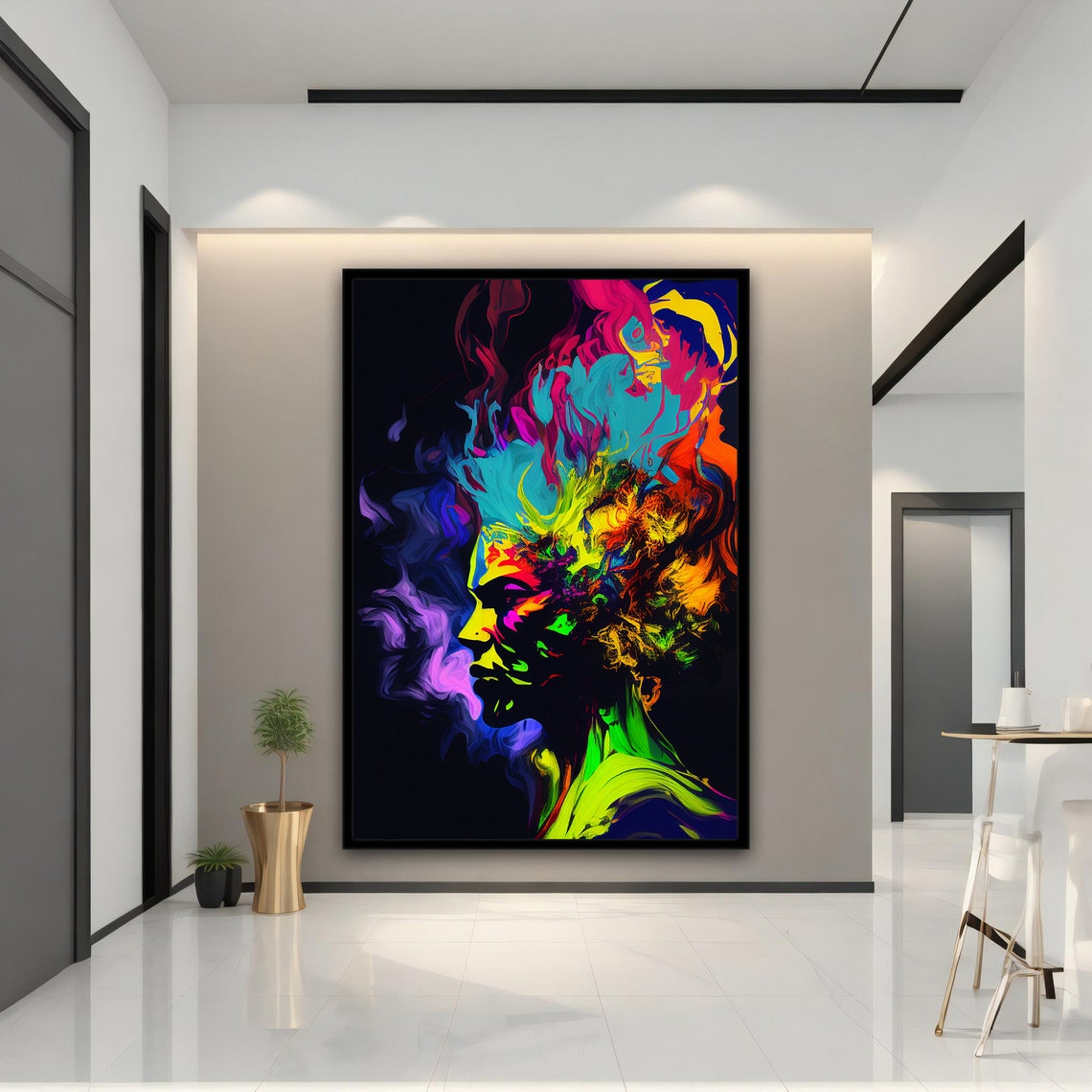 Neon Flame Hair Woman Profile Vivid Color Explosion Black Art Poster - Image 5