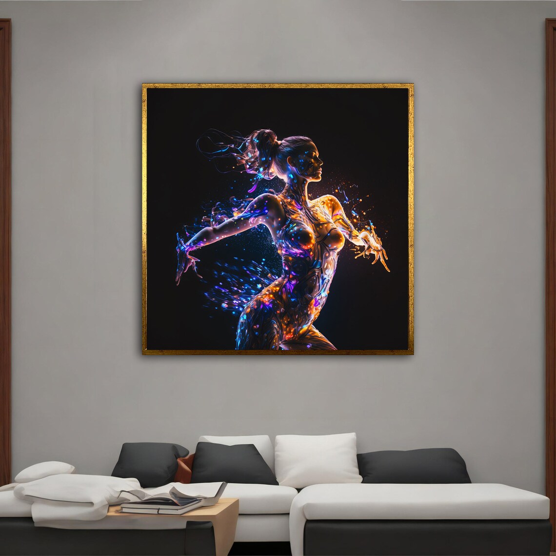 Neon Glowing Woman Light Figure Dance Blue Orange Digital Wall Art Poster - Image 3