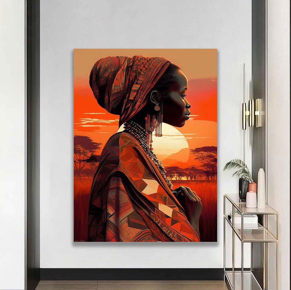 African Woman Sunset Savanna Silhouette Red Headwrap Ethnic Art Poster - Image 2