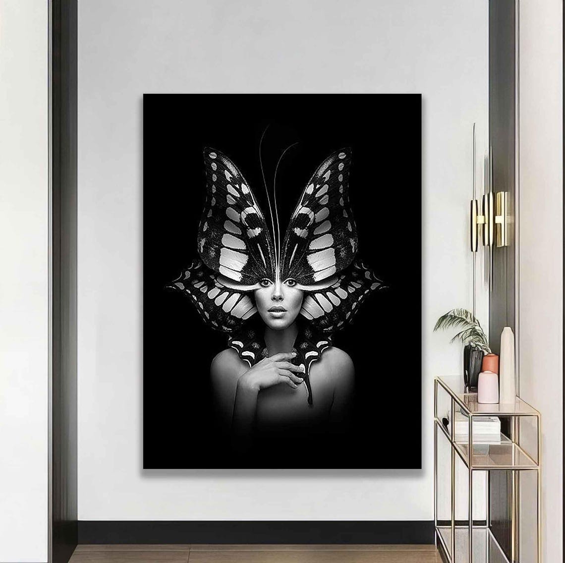 Monochrome Woman With Butterfly Wings Fantasy Portrait Wall Poster