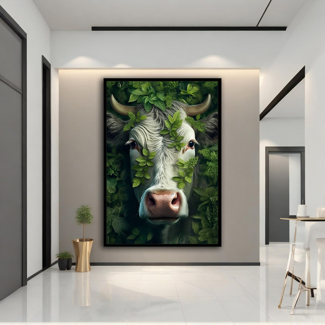 White Cow Face in Green Leaves Botanical Farm Animal Wall Art Print - Image 2