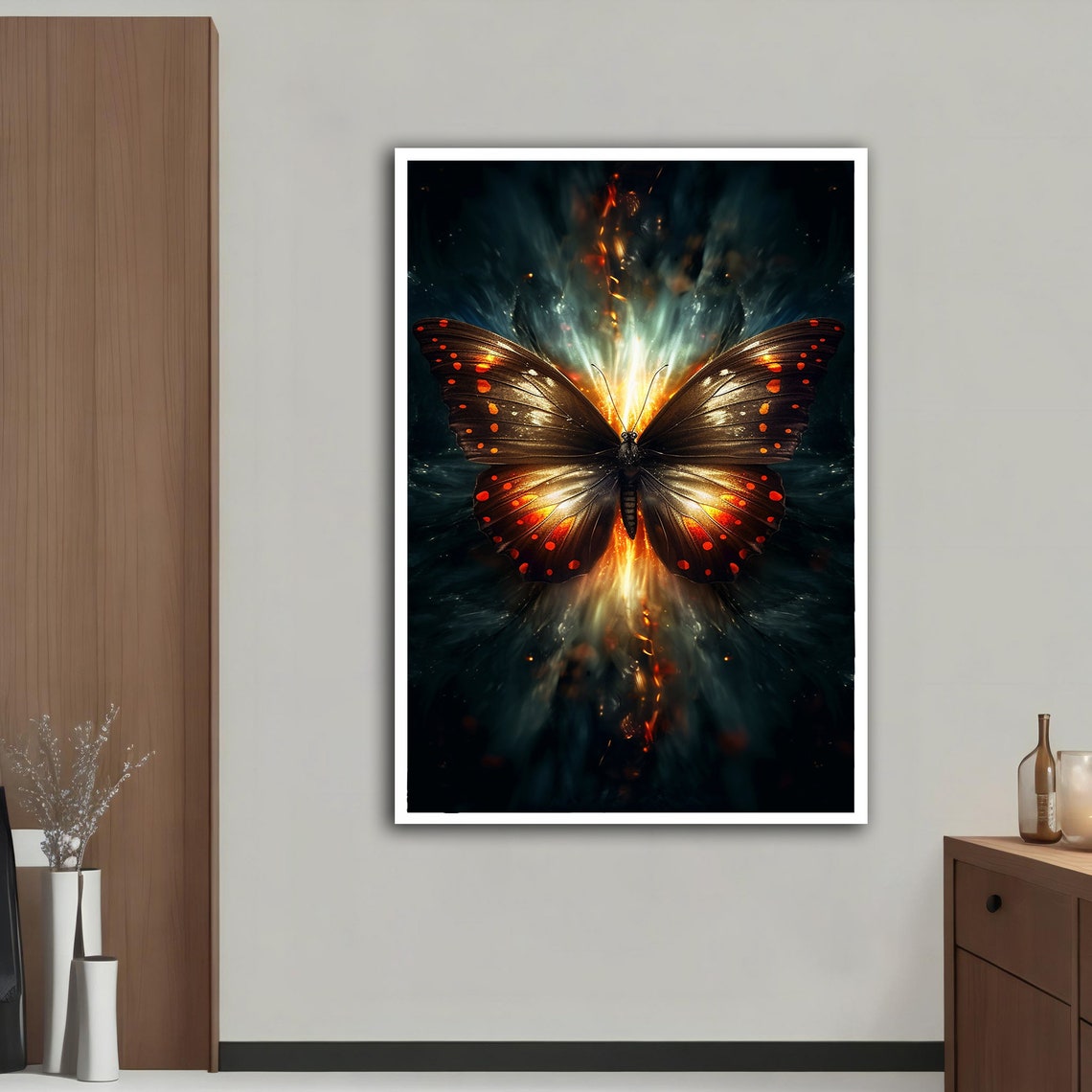 Glowing Butterfly on Dark Background Fire Light Wings Wall Art Print - Image 2