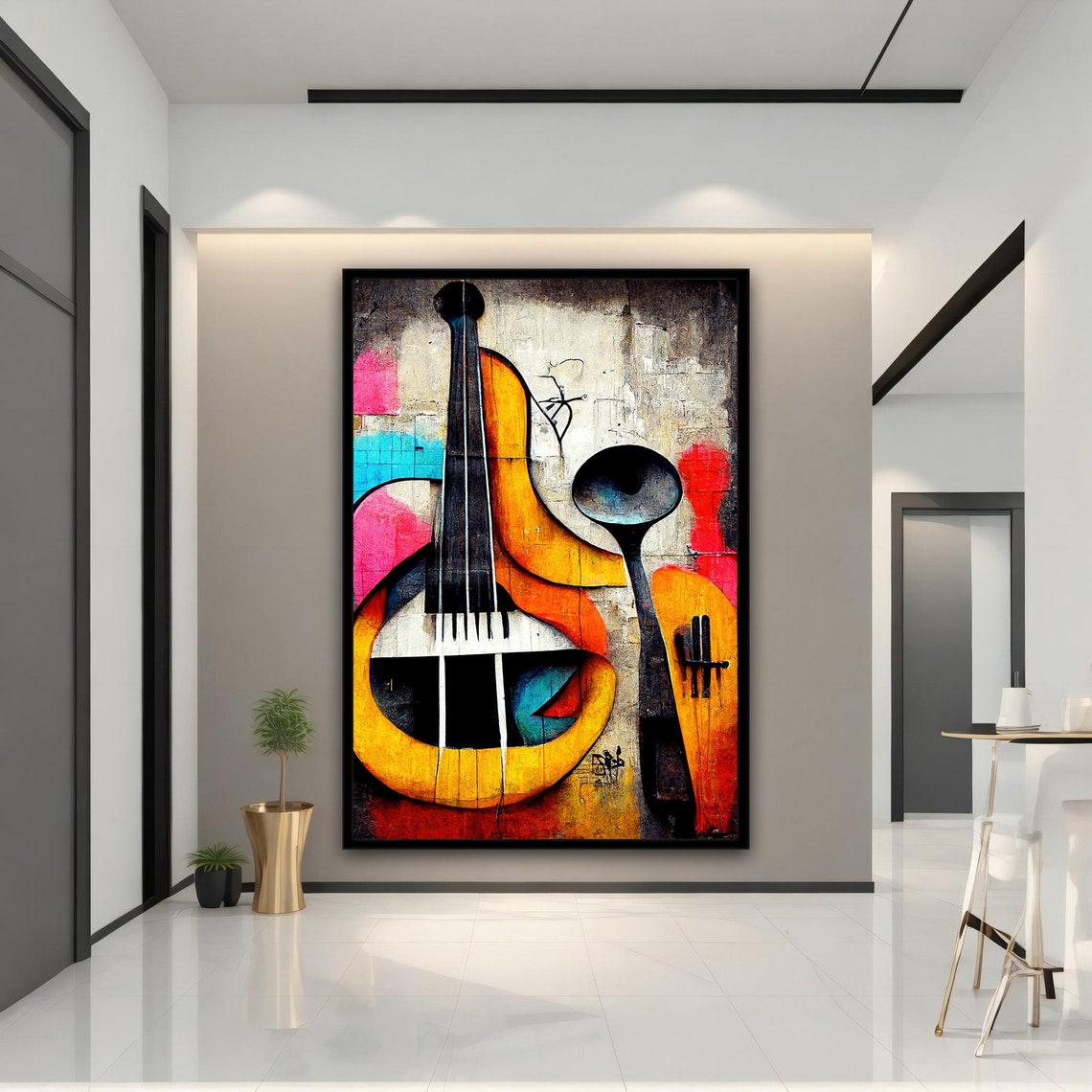 Abstract Cubist Violin Painting Bold Colorful Music Wall Art Print - Image 2
