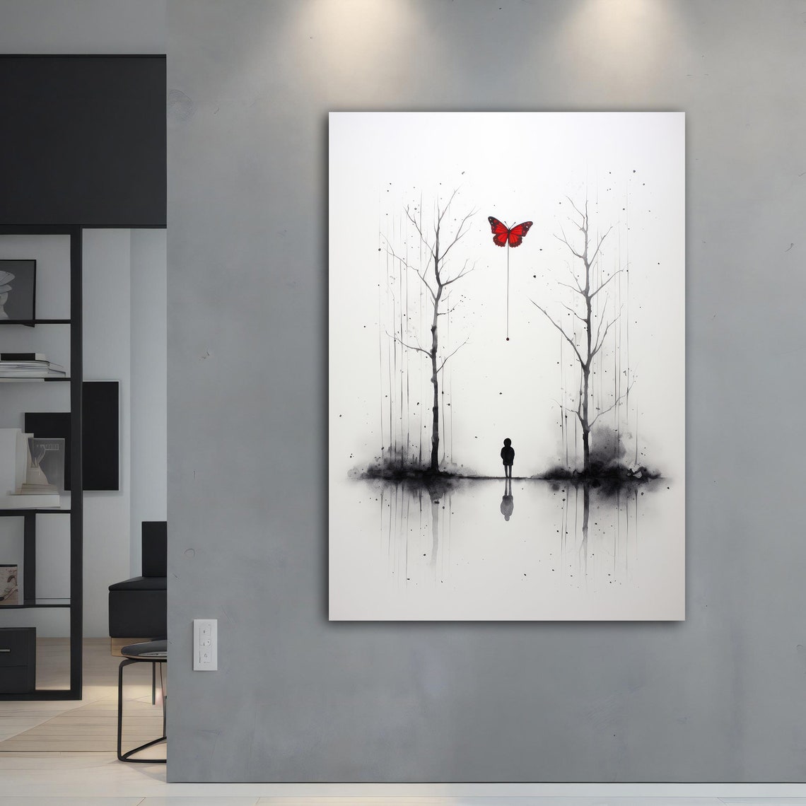 Minimalist Ink Child Between Bare Trees With Red Butterfly Poster - Image 5