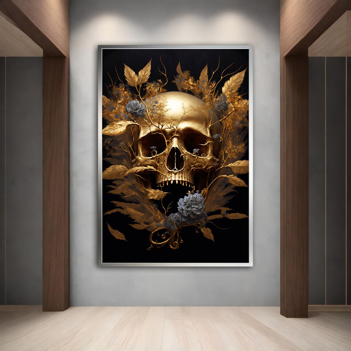 Golden Skull Gold Leaves Blue Flowers Black Luxurious Macabre Art Poster - Image 5