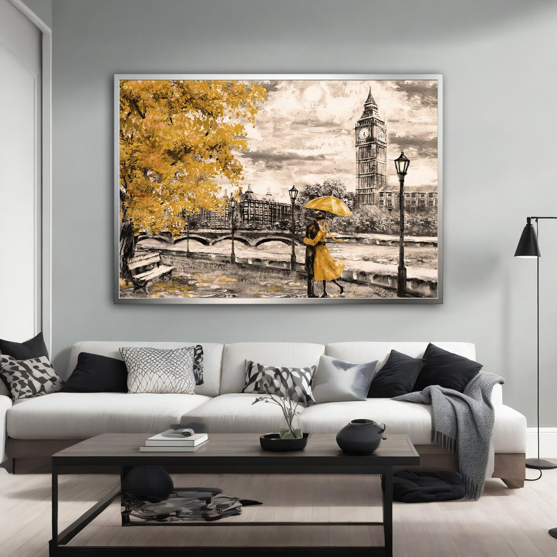 London Big Ben Golden Rainy Day Couple Umbrella City Art Poster - Image 2