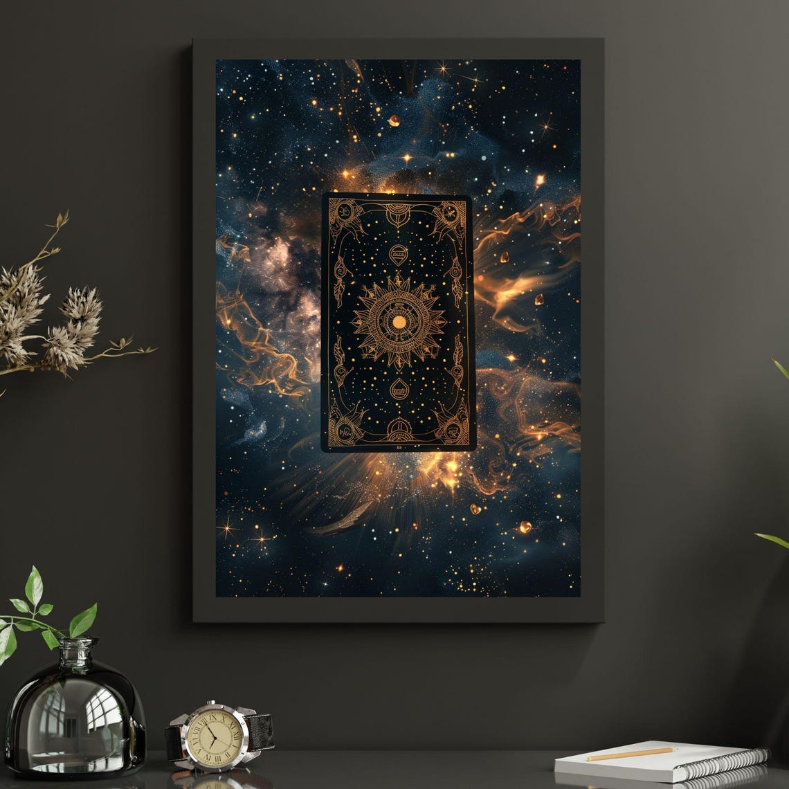 Dark Tarot Sun Card Cosmic Nebula Gold Mystical Celestial Poster