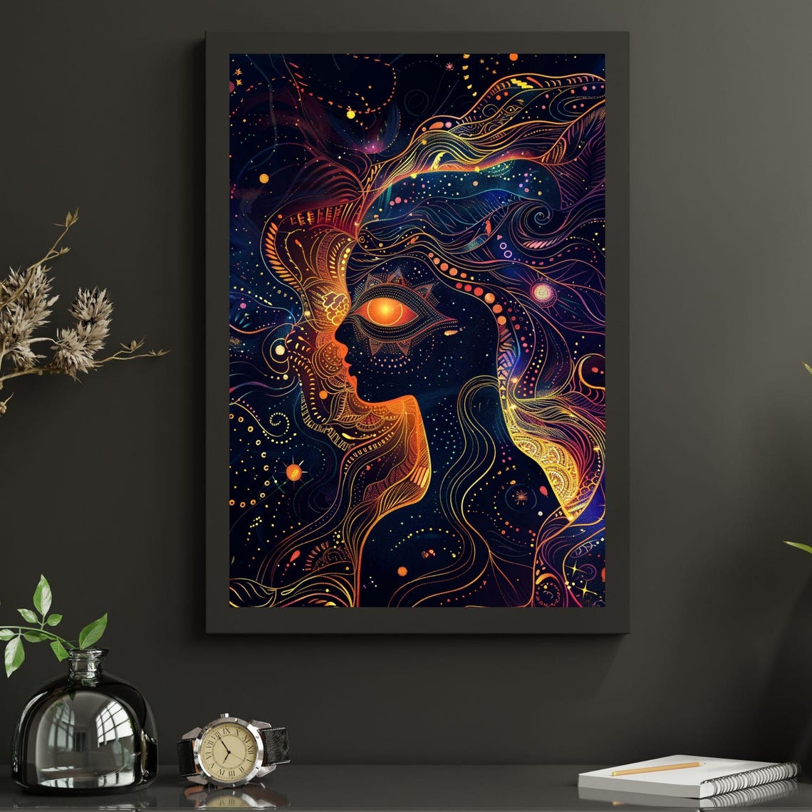 Divine Feminine Cosmic Goddess Profile Gold Neon Line Poster