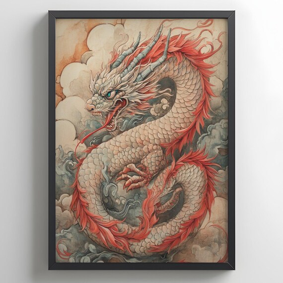 Japanese Dragon Print Oriental Wall Art Asian Poster Mythology Fantasy Decor Gift For Him