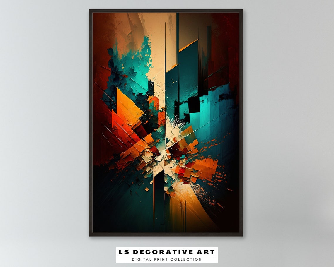 Vibrant Geometric Abstract Teal Orange Crystal Shards Poster