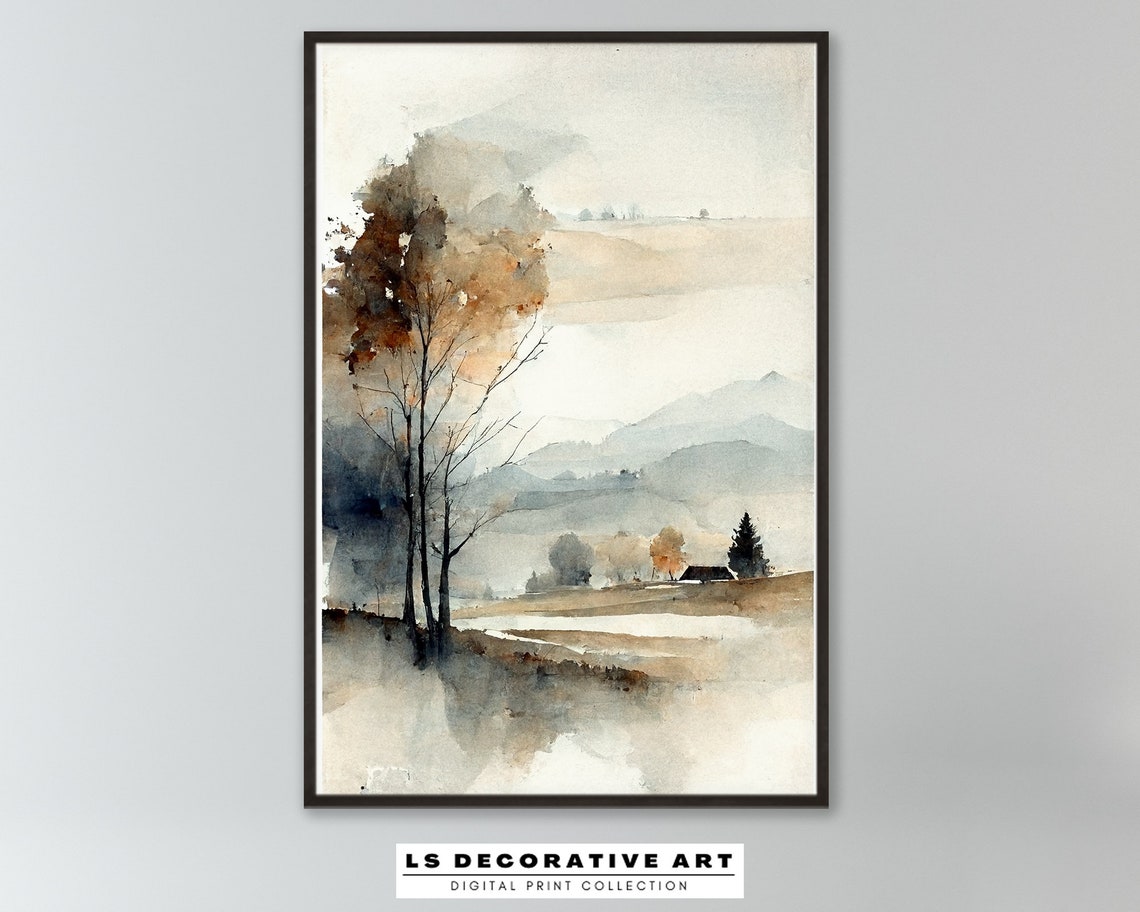 Serene Soft Misty Watercolor Landscape With Blue Gray Trees Poster
