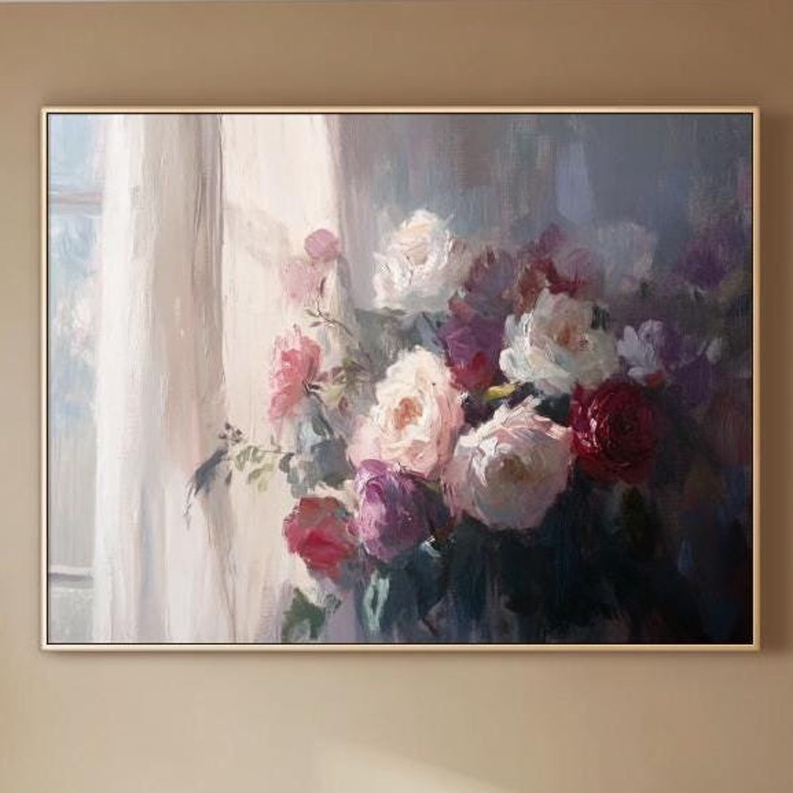 Impressionist Roses Bouquet Window Light Floral Oil Painting Wall Art