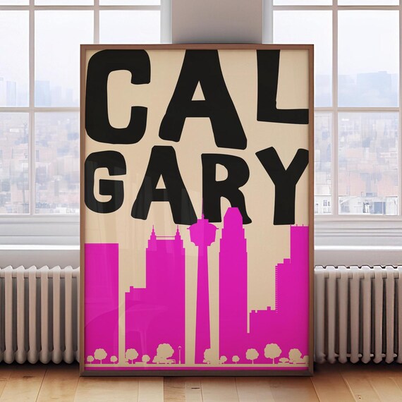 Calgary Alberta Pop Art City Poster with Pink Skyline and Tower Silhouette