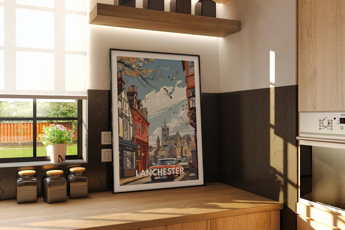 Lanchester England Seagull Sky Old Town Church Tower Travel Poster - Image 3