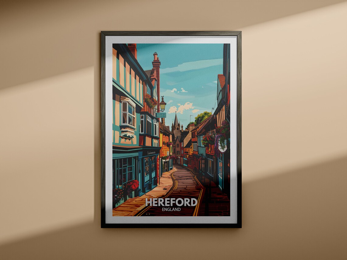 Hereford England Vintage Travel Poster Medieval Street Scene - Image 4