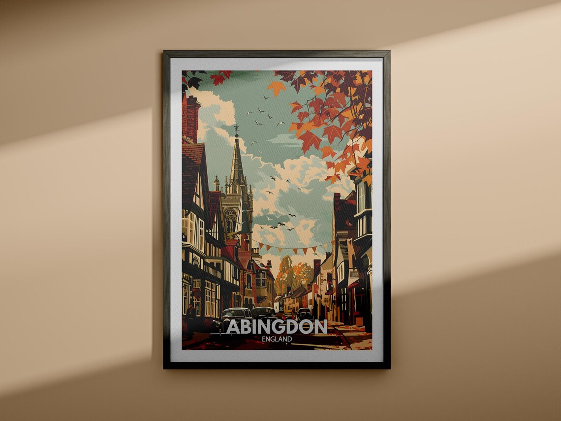 Abingdon England Autumn Street Historic Spire Vintage Travel Poster - Image 4