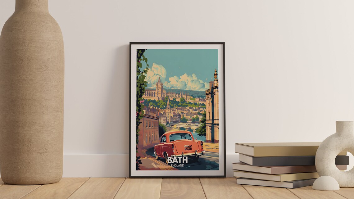 Bath England Red Vintage Car Street View Retro Travel Poster - Image 3