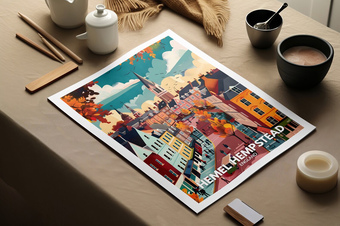 Hemel Hempstead England Travel Poster Autumn Street Spire Scene - Image 2