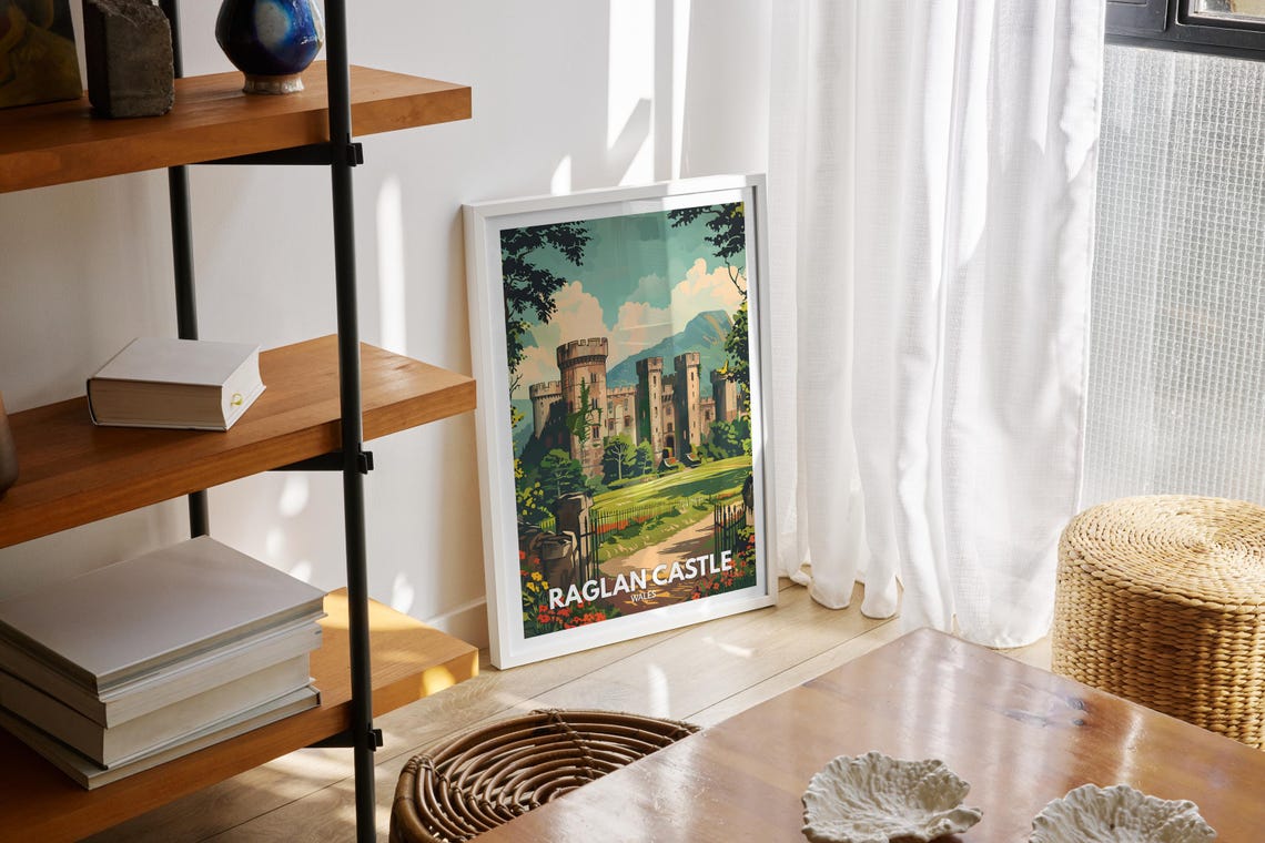 Raglan Castle Wales Historic Towers Mountain Backdrop Poster - Image 2