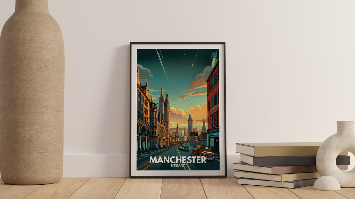 Manchester England Twilight Cityscape Clock Tower Tram Travel Poster - Image 3