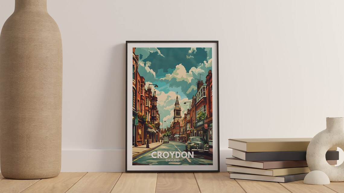 Croydon England Vintage City Street Clock Tower Classic Car Poster - Image 3