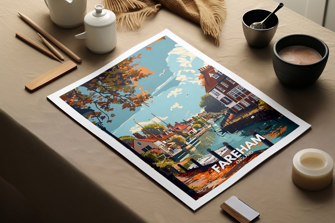 Fareham England Charming Autumn Quay Boats Calm Riverside Poster - Image 2
