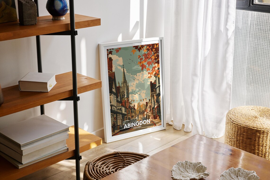 Abingdon England Autumn Street Historic Spire Vintage Travel Poster - Image 2