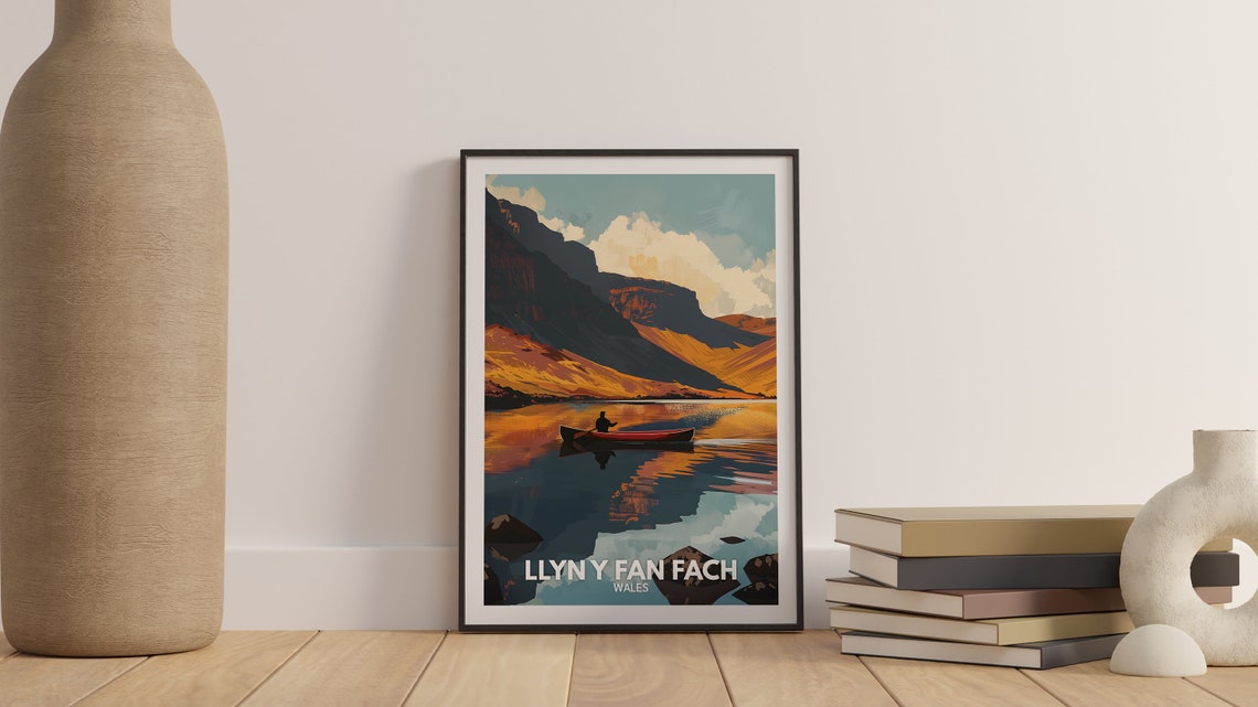 Llyn Y Fan Fach Wales Lake Canoe Mountain Sunset Reflection Poster - Image 3