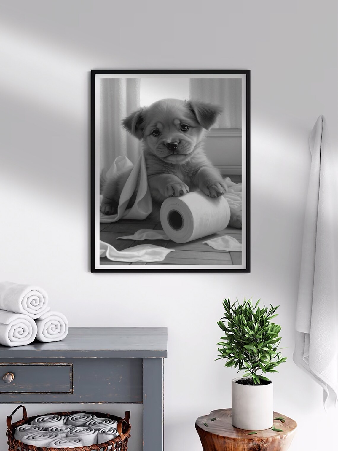 Playful Puppy With A Toilet Paper Roll Black And White Poster - Image 2
